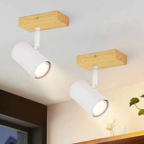 Glitzerlife Deckenstrahler 1 Flammig Deckenleuchte Holz - Deckenlampe Flur 2ER Weiß Metall Modern GU10 Fassung 350°Deckenspot Drehbar für Wohnzimmer Schlafzimmer Küche Treppe Badezimmer