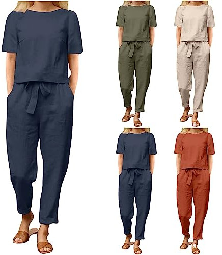 Sommer Outfits Damen Hosenanzug Kurzarm Tshirt und Lang Hose Freizeitanzug Einfarbig 2 Teilig Sportlich Casual Loungewear Modische Rundhals Oberteile Sportswear angebote des tages heute