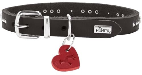HUNTER Hundehalsband Aalborg Hearts, Farbe: schwarz, hochwertiges Softvollrindleder, weiches & Komfortables Tragegefühl, mit Nieten & Herz-Details, Herzanhänger, Made in Germany, Größe: 32