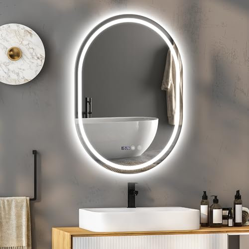 YOURLITE Badspiegel mit Beleuchtung Ovaler, Badezimmerspiegel Vertikaler mit LED Beleuchtung, LED Spiegel mit Touch Schalter, 3 Lichtfarben, Dimmbar, Digitaluhr und Beschlagfrei, IP44 Wasserdicht