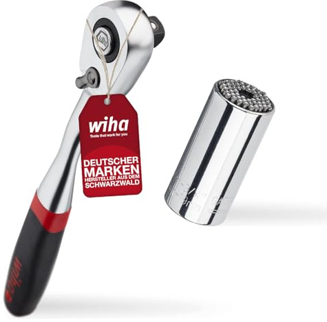 Wiha Umschaltknarre 3/8 mit Druckknopf & Kugelsicherung + Gripper Steckschlüssel I Universal-Steckschlüssel I Ratsche mit Multi Stecknuss (45747)
