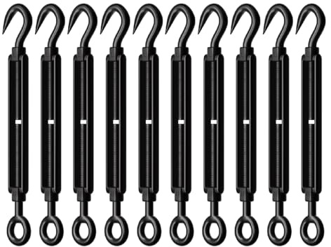 RiaYer 10 Pack Black Stainless Steel M4 Hook and Eye Turnbuckle, Heavy Duty Wire Rope Tensioner, Adjustable Hardware Kit for DIY String Light and Picture Hanging, Shade Sail, Cable Tightening