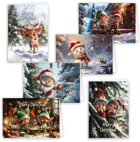 12 Weihnachtskarten Set Klappkarten Karten mit Umschlägen Weihnachtschaos mit Charme Karte Umschlag glanz Frohe Weihnachten Merry Christmas xmas süße Weihnachtskarte Weihnachtselfen Rentier