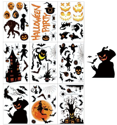 Adesivi per Finestre Halloween, 9 Fogli Decorazioni per Finestre, Vetrofanie Fronte-Retro, Decorazioni Horror per Feste, Pipistrello Ragno Scheletro Zucca Stregata
