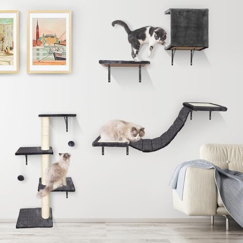 HEVOL Kletterwand Katzen, Katzen Kletterwand Set, Katzen Wandelemente, 10-Teiliges Stabiler Katzenmöbel mit Hängebrücke, Katzenhängematte, Kratzsäulen und katzenhöhle für Schlafen Spielen Lounging