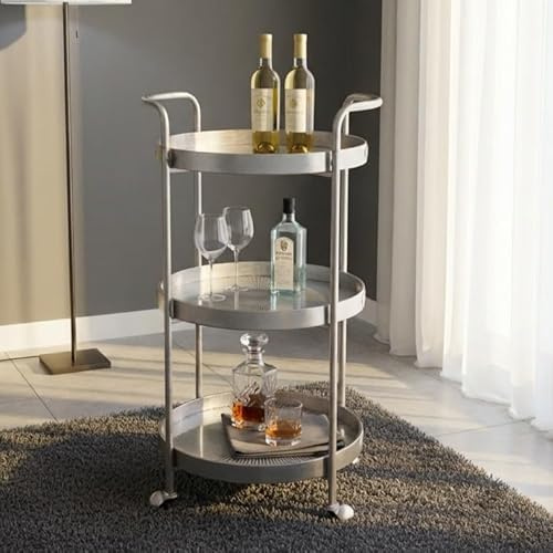 Maison Des Cadeaux Silver 3-Tier Drinks Trolley Mirrored Glass Bar Cart Art Deco Serving Cart Wheel
