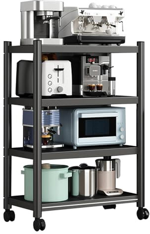 Felenny Kitchen Storage Unit, 4 Tier Microwave Stand with Wheels Carbon Steel Kitchen Storage Shelf Rack Adjustable Metal Shelving Unit/Spice Rack/Microwave Shelf Stand for Kitchen Storage