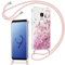 Xiltlly Coque pour Samsung Galaxy S9 avec Cordon, Paillette Liquide Transparent Crystal Glitter Housse, Protection Antichoc Silicone Souple TPU Bumper Case, Réglable Collier pour Samsung S9, Rose