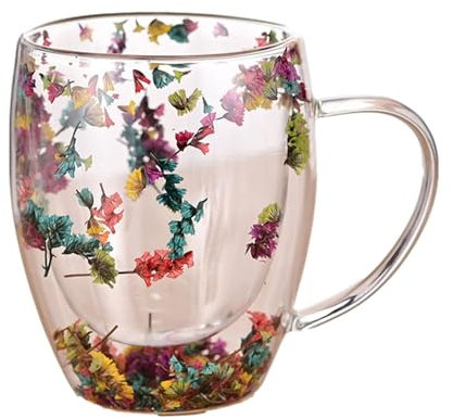 KeyoGoS Tasse en verre à double paroi en forme de fleur séchée, 350 ml, tasse à café isotherme avec poignée, tasse à thé en verre transparent résistant à la chaleur, tasse à thé créative, cadeau