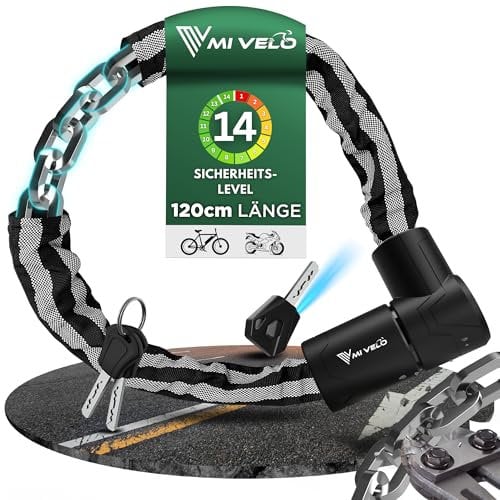 MIVELO Kettenschloss extra sicher mit 10mm Vierkante-Kette I Motorradschloss & Fahrradschloss hohe Sicherheit - Motorrad Schloss - Sicherheitsschloss aus Stahl - 120cm lang mit Schlüssel