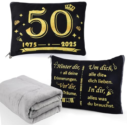 Seutgjie Geschenke zum 50 Geburtstag Frau Mann, Reisedecke Flugzeug Kissen Decke 2 in 1 Campingdecke Geschenkideen 50 Geburtstag Jubiläum Hochzeitstag 1975 bis 2025