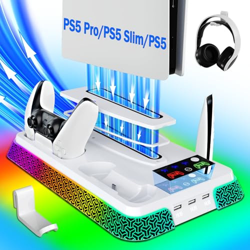 Support et station de refroidissement pour PS5/Slim/Pro avec station de charge LED pour console PlayStation 5, accessoires inclus : chargeur de manette, ventilateur de refroidissement PS5, support