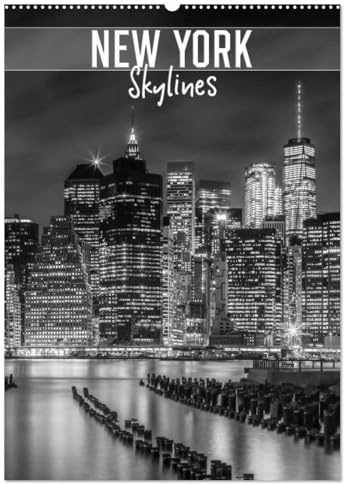 NEW YORK Skylines (Wandkalender 2026 DIN A2 hoch), CALVENDO Monatskalender: Urbane Impressionen in monochrom (CALVENDO Orte)