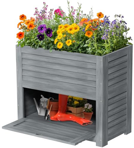 SUNYRISY Hochbeet für Garten mit Stauraum, Holz Hochbeet für Balkon, Outdoor Pflanzkasten Blumenkasten Kräuterbeet, Gartenwerkzeuge Speichern Lagerbox, 85 x 45 x 75 cm, Grau