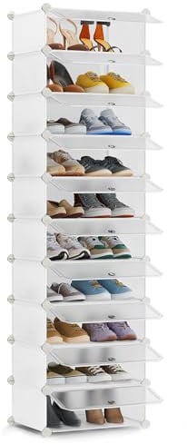 SONGMICS Schuhschrank mit Türen, Schmales Schuhregal, 43 x 31 x 173 cm | Schuhablage für Flur, Kunststoff Steckregal, Platzsparend, Wolkenweiß, DAMION Kollektion LPC010WH01