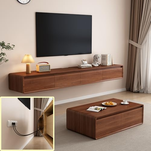 XDXINY Supporto TV flottante - Grande mensola a muro - Diversi scomparti di archiviazione - Console multimediale - Banco flottante sotto la televisione - In legno massiccio (marrone, 160 x 20 x 24 cm)