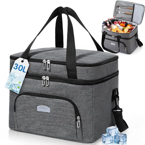 Bolsa Termica Porta Alimentos, 30L Bolso Nevera, Grande Portatil Tela Bolsa Nevera Playa, Plegable con Múltiples Asas, Hombre Mujer, Cooler Bag para Playa, Camping, Viaje, Trabajo, Picnic