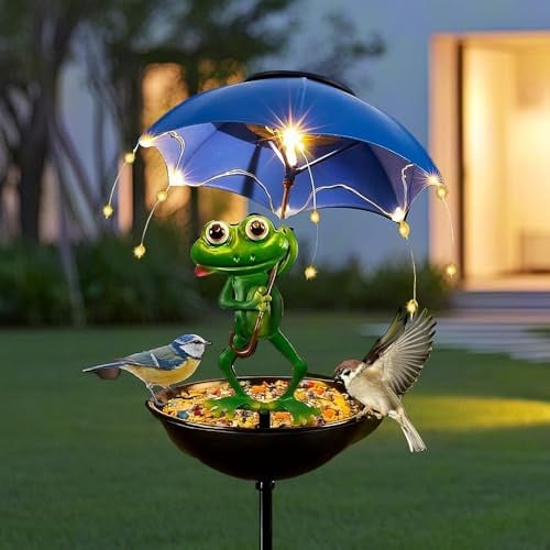 Dhqkqg Frosch Solar Gartendeko für Draußen, Outdoor Garten Futterhaus Solar Frosch Gartendeko mit Regenschirm & Solarlicht, für Garten Rasen