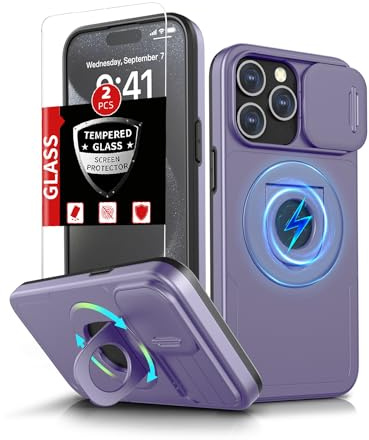 FRLMOOES for iPhone 15 Pro Max Case Magnetic ,with Kickstand + Camera Cover | Compatible with MagSafe Wireless Charging,with 2 Screen Protectors,Anti-Scratch Shockproof Heavy Duty Protection Phone,Purple