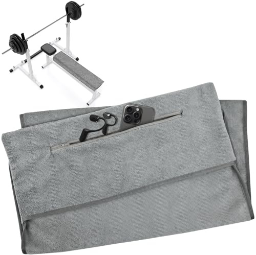 Gulxwis Fitness Handtuch mit Reißverschlusstasche 120 x 50 cm, Mikrofaser Sporthandtuch für Fitnessstudio, Gym und Training, schnelltrocknend, saugfähig, dunkelgrau, für Yoga und Freizeit