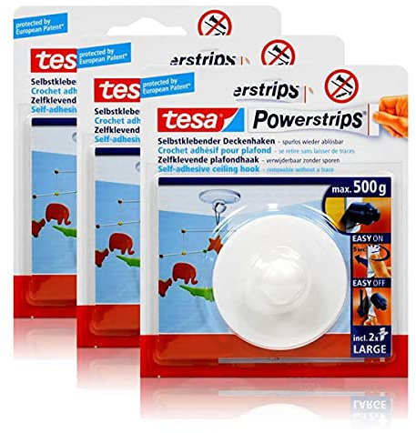 TESA Lot de 3 Powerstrips 1x crochet 2 strips large pour plafond force 500g Blanc