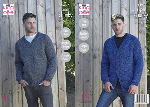 King Cole 5307 Knitting Pattern Mens V Neck Cardigan and Sweater in Big Value Super Chunky Stormy,Multicolor,36 - 54 chest