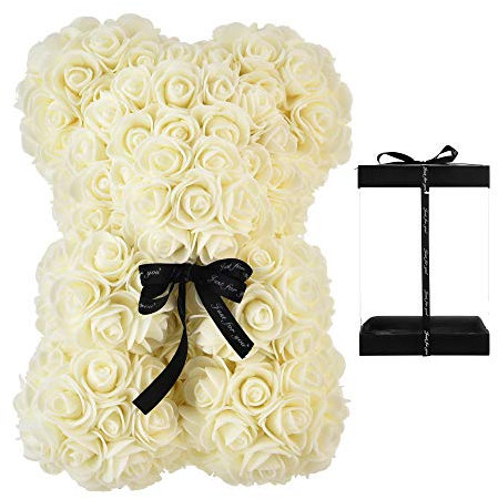 NWSX Orso Rosa - Orsacchiotto Rosa su Ogni Orso Rosa - Orso Floreale Perfetto per l'anniversario, Madri - Confezione Regalo Trasparente Inclusa! Alto 10 Pollici - Oltre 300+ Fiori (10in, Milk White)