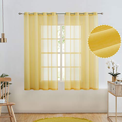 July Joy Durchsichtige Vorhänge in Halbleinenoptik, für Schlafzimmer, Wohnzimmer, mit Ösen, lichtfilternd, einfarbig, Voile, 2 Paneele (132 x 160 cm, Gelb)