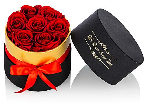 Nuptio Rose Rosse Stabilizzate in Piccolo Scatola di Fiori Fatti A Mano con Fiori Veri Petali Eterni, Regali Romantici per Fidanzata,Mamma Matrimonio Compleanno Anniversario Natale