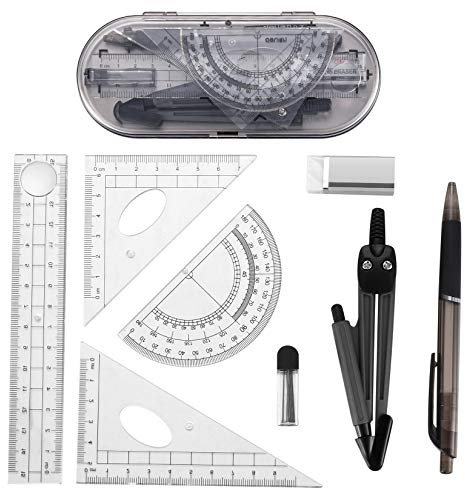 8 Pcs Maths Set, Geometry Protractor and Compass Set, Study, Drawing and Measuring Tools Set with Rulers, Compass, Pencil Lead, Eraser, Storage Case for Drafting, Student, Teacher, School