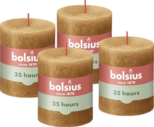 Bolsius Rustik Stumpenkerzen - Ockergelb - Set 4 Stück - Dekorative Haushaltkerzen - Länge Brenndauer 35 Stunden - Unparfümierte - Natürliches Pflanzenwachs - Ohne Palmöl - 8 x 7 cm