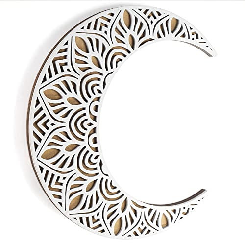 Wanddekoration Mandala, Mond, Weiß, 30.5 cm, Mondphasen-Wandbehang, Mond-Wanddekoration, Schlafzimmer, Boho-Dekor, Hippie-Raumdekoration, ästhetisch, Mond-Dekor, Wanddekorationen aus Holz
