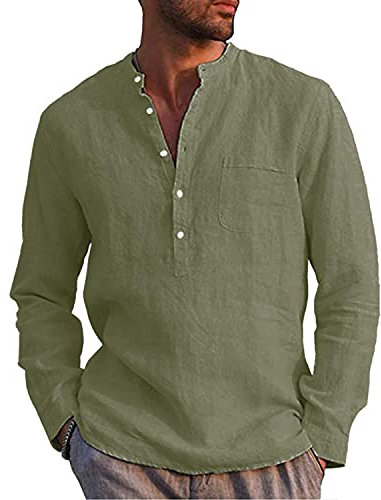 LVCBL Men's Linen Shirt Summer Long Sleeve Shirt with Pockets Casual Shirt Army Green L