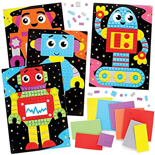 Baker Ross Mosaikbilderset für Roboter FE401, Mosaikfliesen zum Basteln, Mosaiksets für Kinder, kreative Beschäftigung für Kinder, 4er-Pack, Mittel