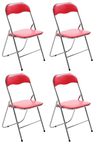 CLP 4er Set Klappstuhl Felix Gepolstert I Küchenstuhl Mit Metallgestell I Kunstleder PVC Sitz Gepolstert I Stühle Klappbar I Campingstühle | Farbe rot/Silber