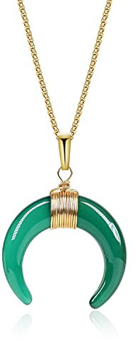 COAI Geschenkideen Damen Doppelhorn Anhänger Mond Anhänger Amulett Halskette Box Chain Kette aus Grünem Achat