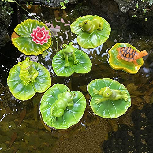 LONG-L Frosch Teichdekoration Schwimmtier, Miniteich Froschkönig Teichfigur Garten Deko,Floating Lotusblatt Aquarium Fisch Teich Seerose Pool Blatt Teichdekoration,7 Pieces