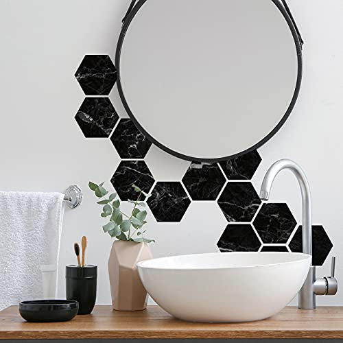 12 Carreaux de Ciment HEXAGONAL Autocollant - 15 x 13 cm - Motif : MARBRE NOIR