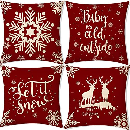Foyaya Kissenhülle 35x35cm 4er Set Weihnachten Rentier Schneeflocke Kissenbezug,Quadrat Dekor Kopfkissenbezug Samt mit Reißverschluss Kissenbezüge für Zierkissen Dekokissen Sofakissen