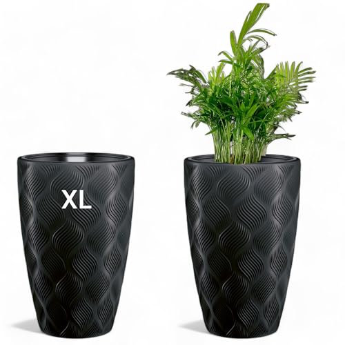 Macetero con inserto extraíble, redondo, efecto 3D, decorativo, macetas grandes, jardineras, tamaño XL, color negro