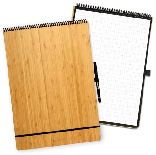 BAMBOOK Notepad - Bambus-Holz Hardcover - A3 - Kariert, Wiederverwendbares Notizbuch, Notizblock, Reusable Notebook