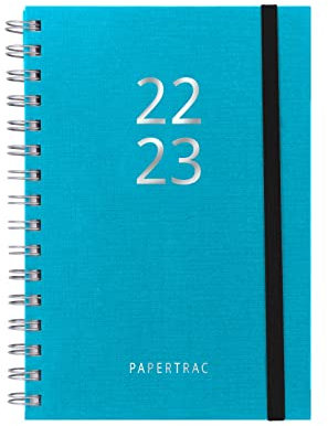 Terminkalender 2022 2023 - Blau - Wochenansicht - Größe A5-14,5 x 21 cm - Sprache: Spanisch-Englisch - Inklusive Tonband - Papertrac