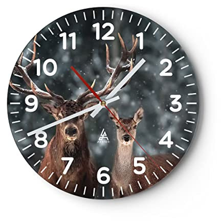 Modern Wanduhr Hirsch Rentier REH 30x30cm Rund Klein Wand Uhr Glas Analog Zimmeruhren Küche Büro Wohnzimmer Glasuhr Wall Clock Dekoration Design Wanddekoration Küchenuhr C4AR30x30-5060
