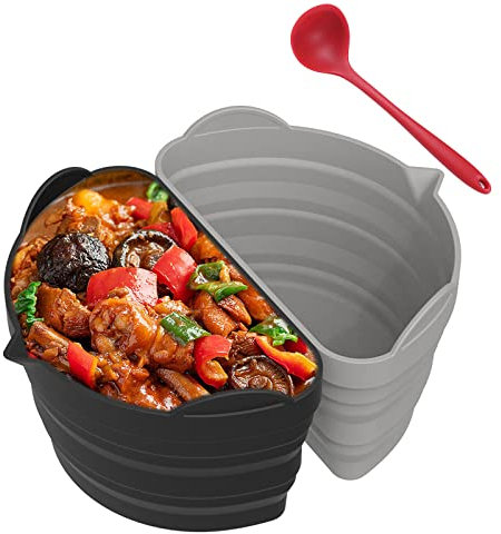 Silicone Slow Cooker Liners,2 Pack Slow Cooker Liner For Crockpot with Silicone Soup Spoon,Reusable Food-Grade Silicone Slow Cooker Divider Liner Fit 6QT Crockpot,Crock Pots Insert (Black+Grey)