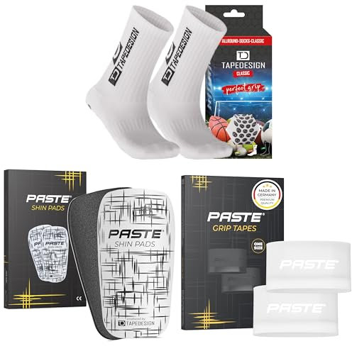 PASTE - XXL 3er Set: TAPEDESIGN Fußball-Socken (Classic), Schienbeinschoner Schienbeinschonerhalter (weiß) - Fussball-Socken mit Schienbeinschoner Halterung & Shin Guards Kinder, Herren