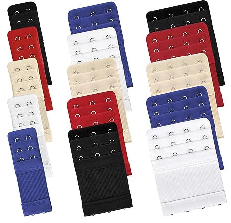 Bigqin 15 Stück Bh-Verlängerung, elastische BH Erweiterung 4 Haken BH-Träger 3 Haken BH Verlängerung 2 Haken - Schwarz Weiß Hautfarbe Rot Blau