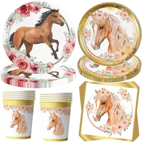 OMZSXK 50 pcs Cheval Vaisselle de fête pour 10 invités,Chevaux Assiettes de fête Vaisselle d'anniversaire,Cheval Assiettes en carton Gobelets Serviettes de table