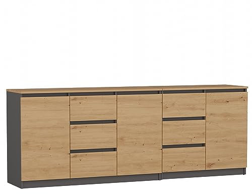CDF modernes Kommodenset Costa (3 Türen, 6 Schubladen) | Farbe: Eiche anthrazit Artisan | Schrank für Dokumente, Kleinteile | Ideal für Wohnzimmer, Schlafzimmer, Kinder-, Jugendzimmer und Büro