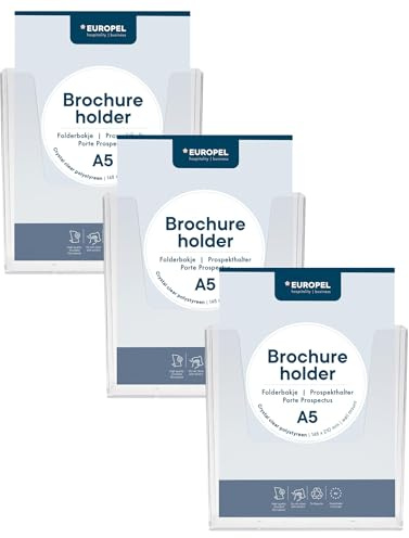 Europel Prospekthalter Wandmontage Einzelfach für DIN A5 im Hochformat, Transparent, Acryl, Broschürenständer für Büros, Broschürenhalter für Menü, Faltblatt, Flyer (Packung mit 3)