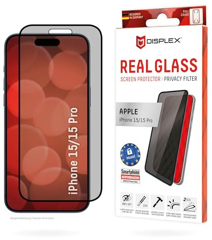 DISPLEX Privacy Full Cover Panzerglas (10H) für Apple iPhone 15/15 Pro, Eco-Montagerahmen, Privacy Filter, Tempered Glas, kratzer-resistente Schutzfolie, hüllenfreundlich